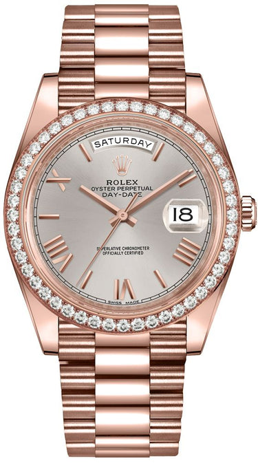 Rolex Everose Gold Day-Date 40 Watch - Everose Gold Bezel - Sundust Bevelled Roman Dial - President Bracelet (Ref#228345RBR) - WatchesOff5thWatch